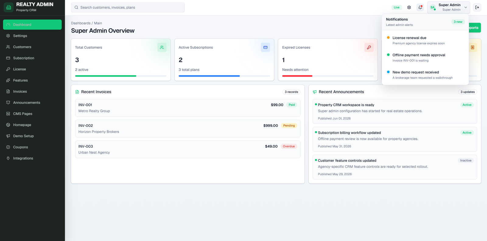 Real estate broker management system dashboard screenshot